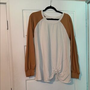 Belle by Kim Gravel Cream Front Twist Raglan Top with Brown Sleeves